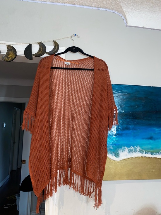 Tops - Rust Open-Knit Fringe open front Coverup